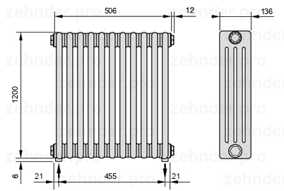 Схема (чертеж) Радиатор Zehnder Charleston 4120/11 №5310 Белый глянцевый RAL 9016
